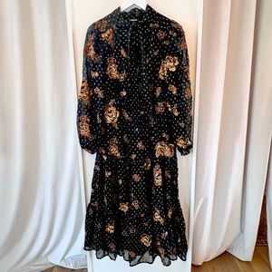 Express Black and Gold Embellished Dress with Tie Neck